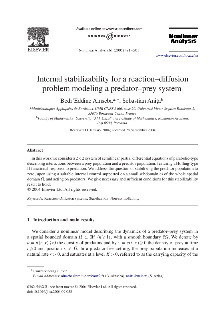 Internal stabilizability for a reaction-diffusion problem modeling a predator-prey system