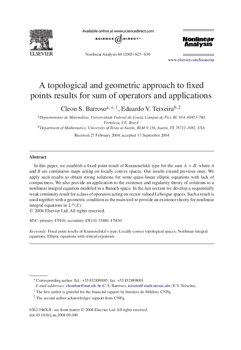 A topological and geometric approach to fixed points results for sum of operators and applications