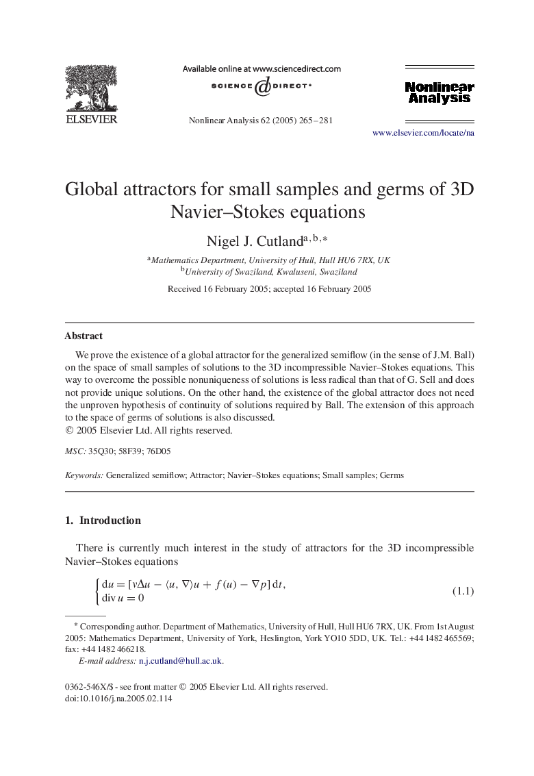 Global attractors for small samples and germs of 3D Navier-Stokes equations