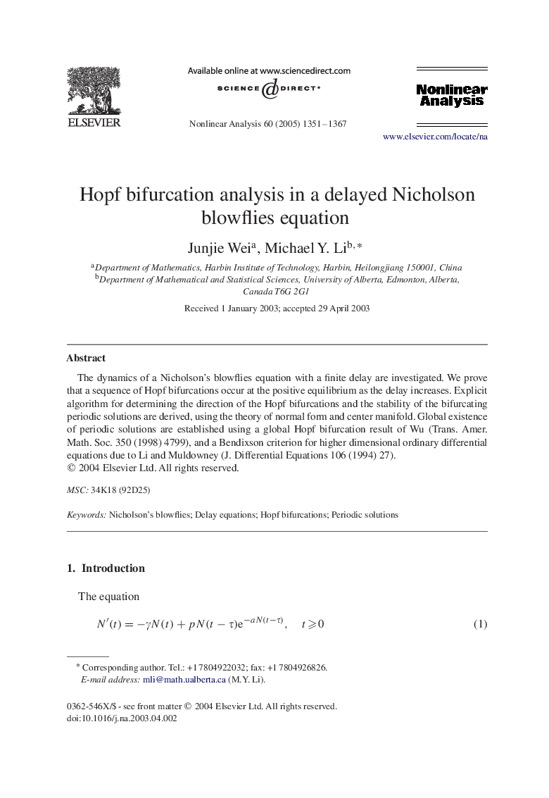 Hopf bifurcation analysis in a delayed Nicholson blowflies equation