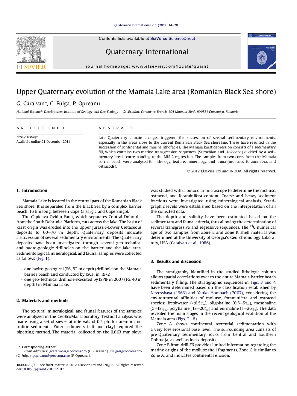 Upper Quaternary evolution of the Mamaia Lake area (Romanian Black Sea shore)