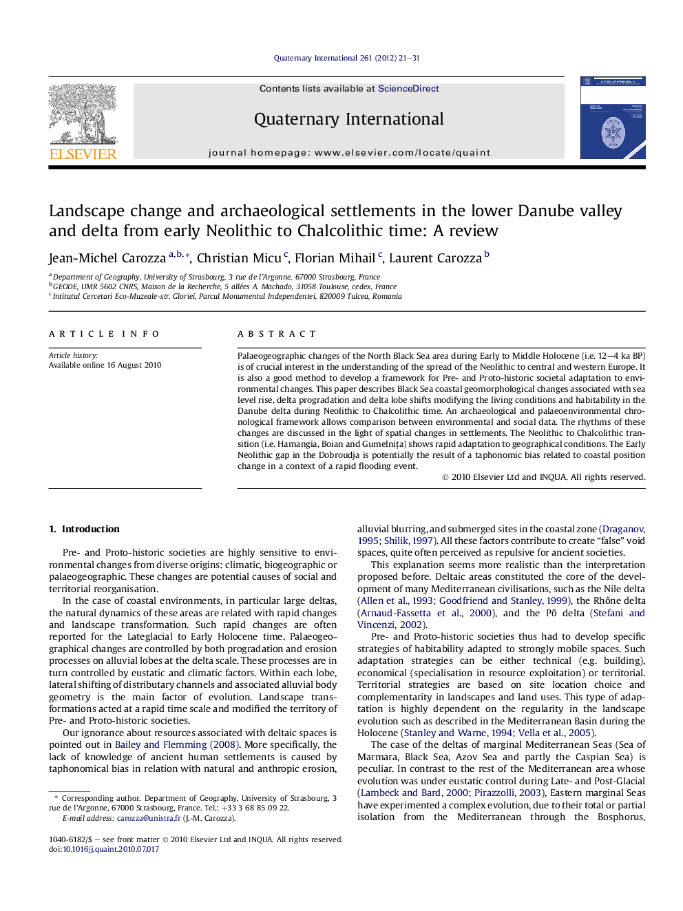 عکس صفحه اول مقاله: Landscape change and archaeological settlements in the lower Danube valley and delta from early Neolithic to Chalcolithic time: A review Landscape change and archaeological settlements in the lower Danube valley and delta from early Neolithic to Chalcolithic time: A review