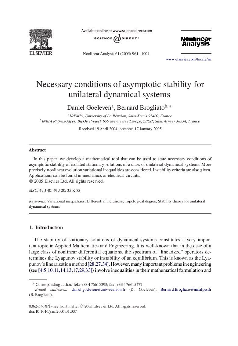 Necessary conditions of asymptotic stability for unilateral dynamical systems