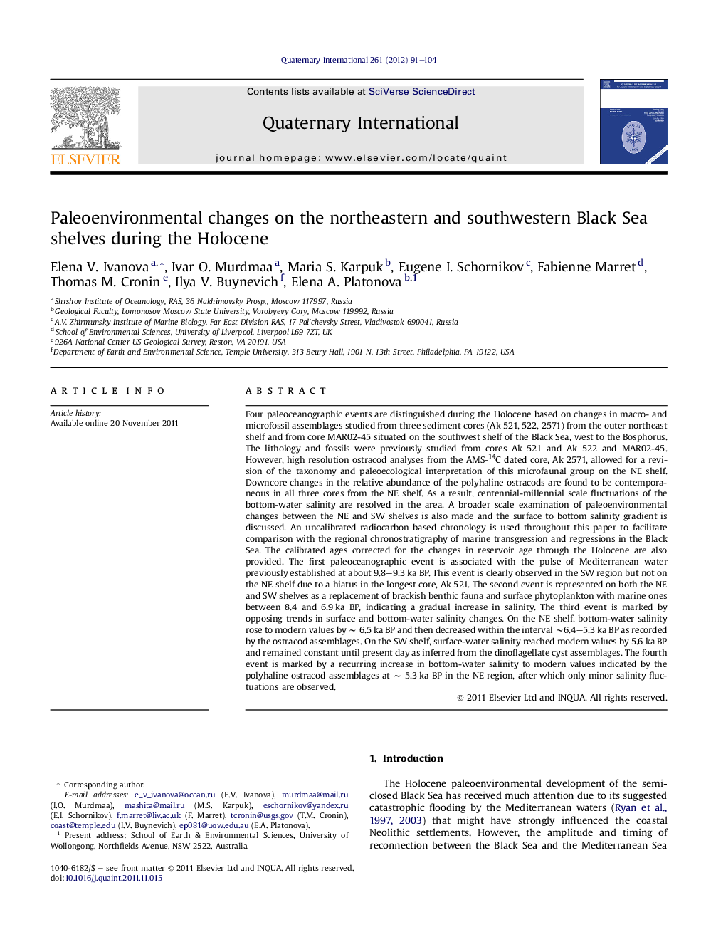 عکس صفحه اول مقاله: Paleoenvironmental changes on the northeastern and southwestern Black Sea shelves during the Holocene Paleoenvironmental changes on the northeastern and southwestern Black Sea shelves during the Holocene