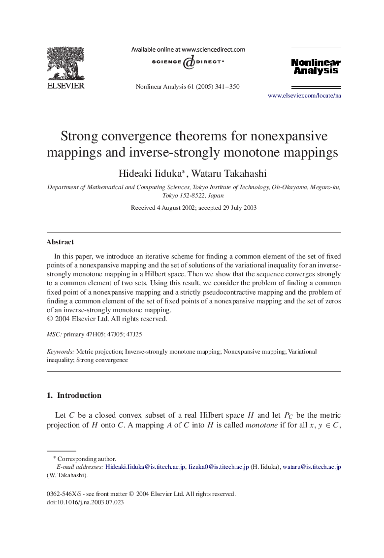 عکس صفحه اول مقاله: Strong convergence theorems for nonexpansive mappings and inverse-strongly monotone mappings Strong convergence theorems for nonexpansive mappings and inverse-strongly monotone mappings