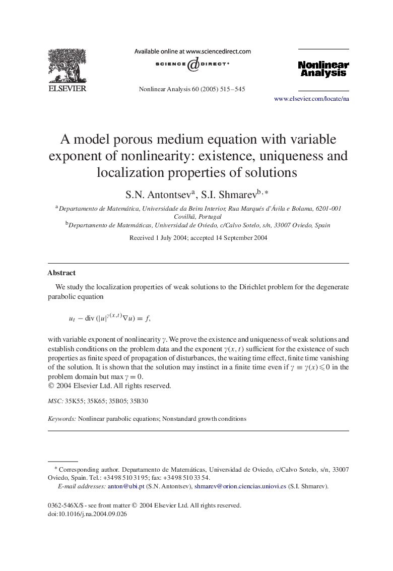 A model porous medium equation with variable exponent of nonlinearity: existence, uniqueness and localization properties of solutions