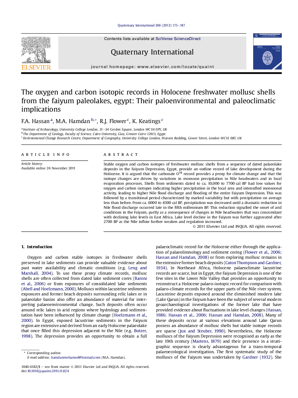 The oxygen and carbon isotopic records in Holocene freshwater mollusc shells from the faiyum paleolakes, egypt: Their paloenvironmental and paleoclimatic implications