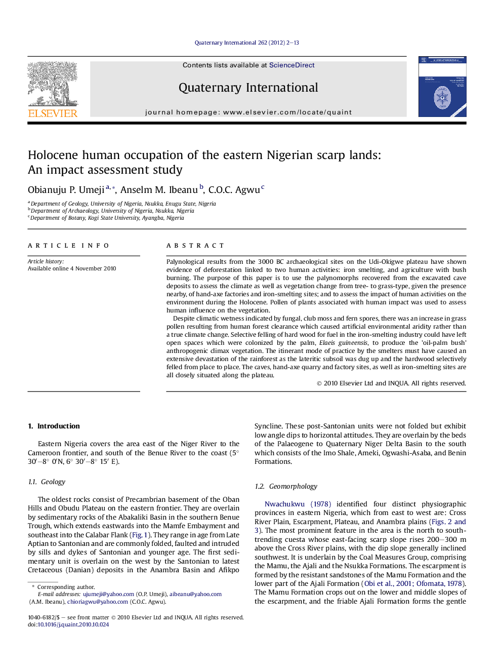 عکس صفحه اول مقاله: Holocene human occupation of the eastern Nigerian scarp lands: An impact assessment study Holocene human occupation of the eastern Nigerian scarp lands: An impact assessment study