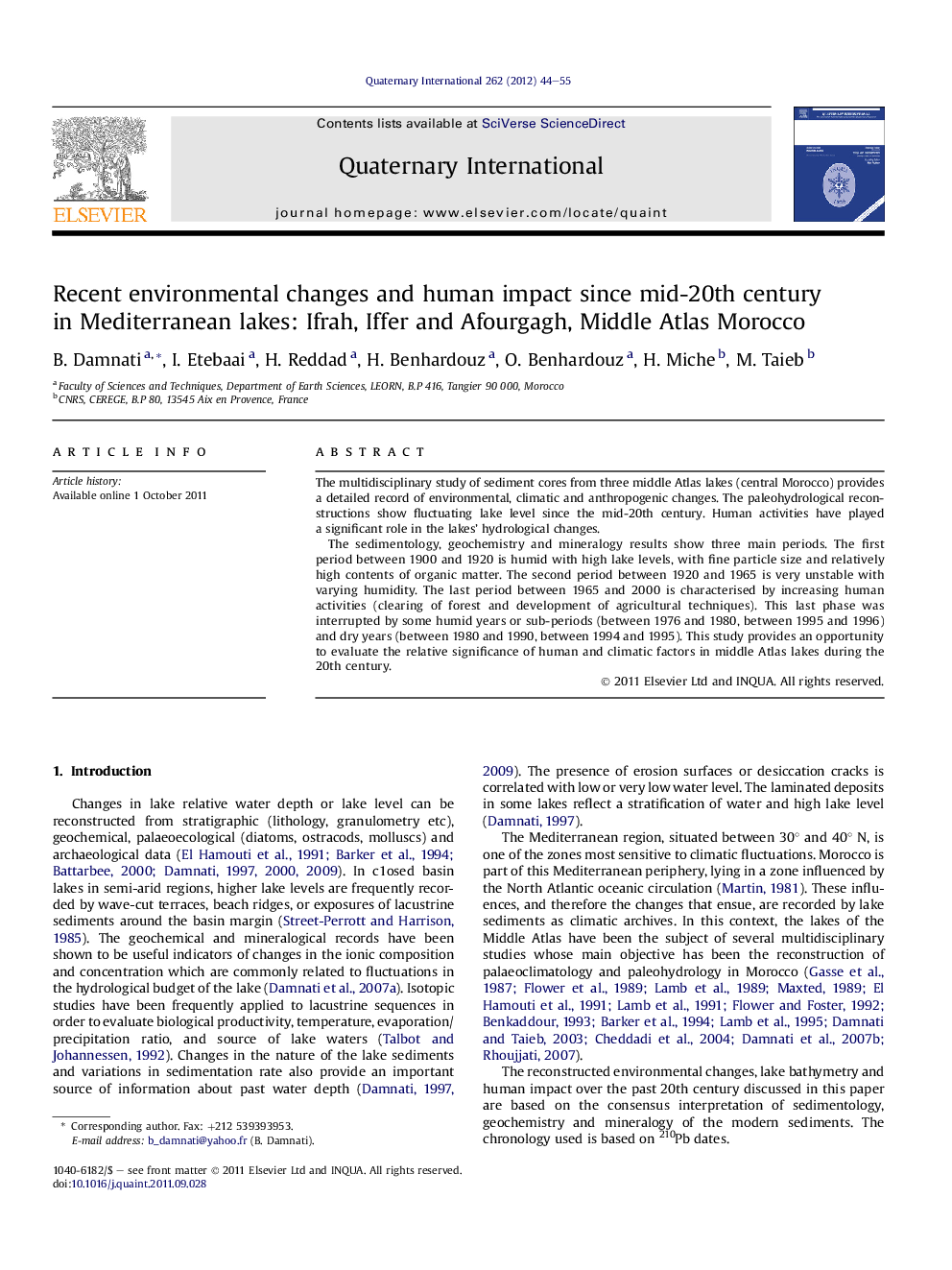 Recent environmental changes and human impact since mid-20th century in Mediterranean lakes: Ifrah, Iffer and Afourgagh, Middle Atlas Morocco