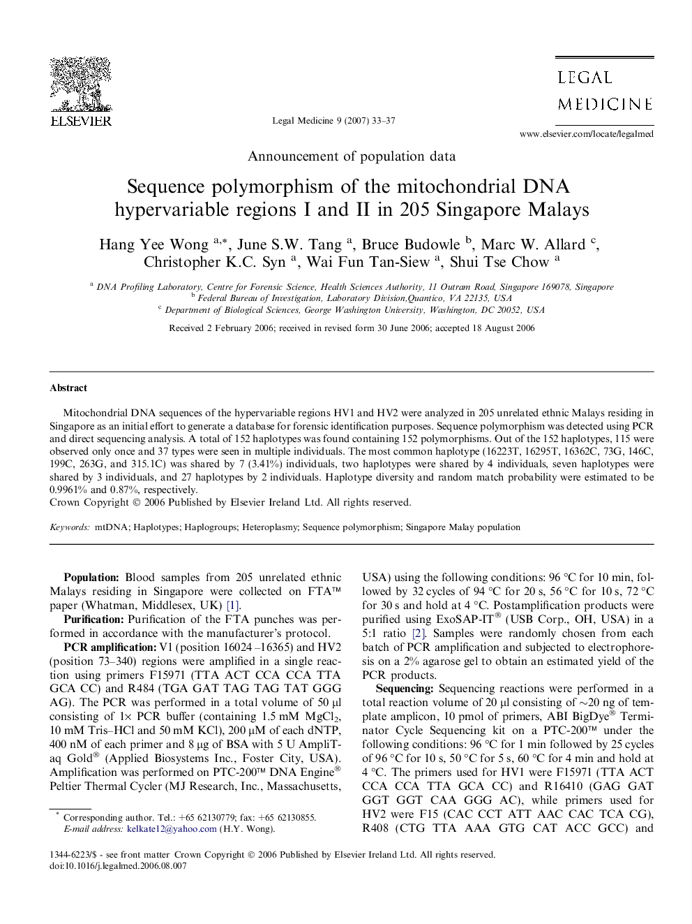 Sequence polymorphism of the mitochondrial DNA hypervariable regions I and II in 205 Singapore Malays