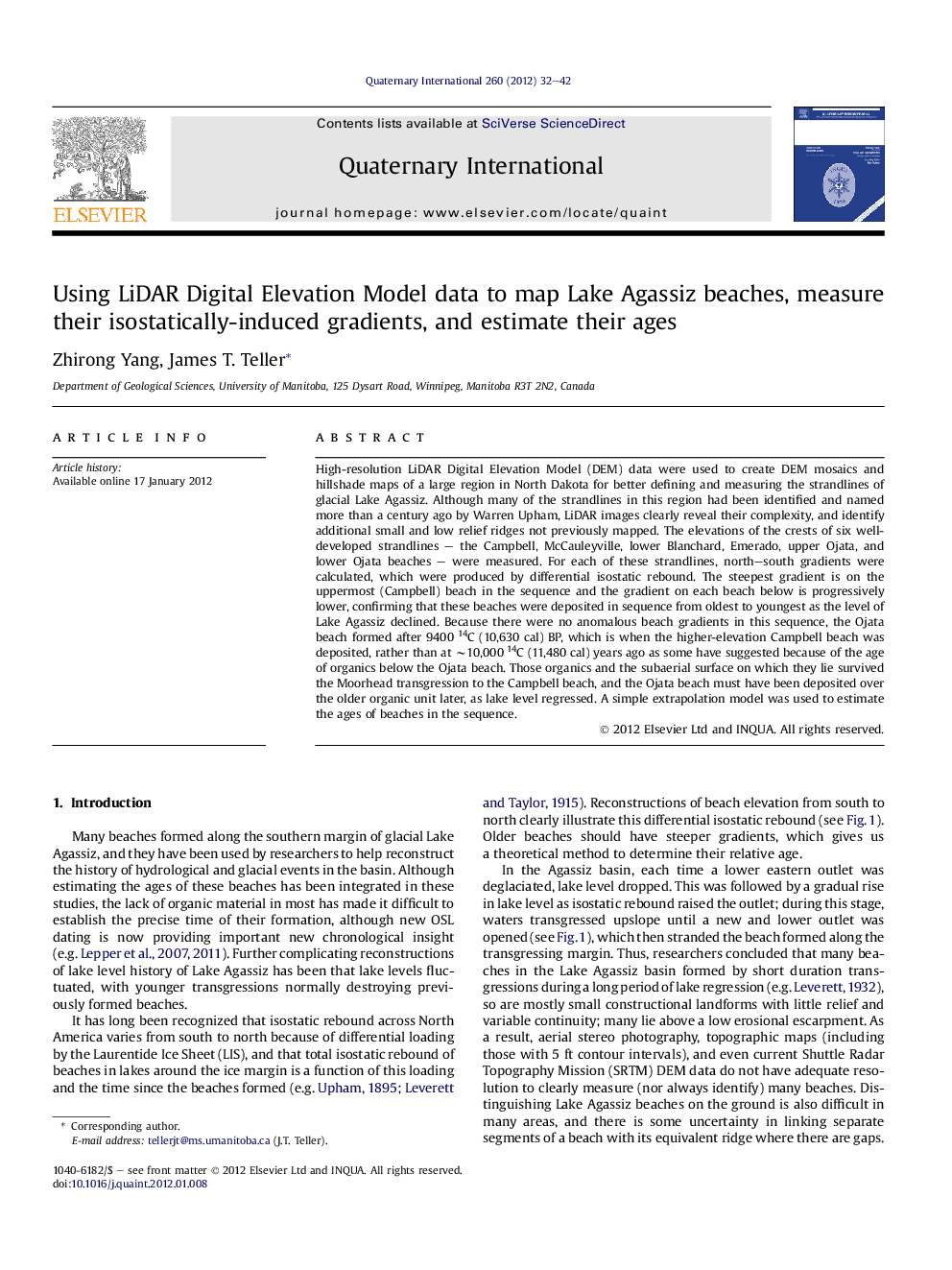 عکس صفحه اول مقاله: Using LiDAR Digital Elevation Model data to map Lake Agassiz beaches, measure their isostatically-induced gradients, and estimate their ages Using LiDAR Digital Elevation Model data to map Lake Agassiz beaches, measure their isostatically-induced gradients, and estimate their ages