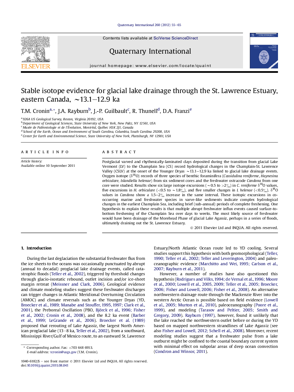 Stable isotope evidence for glacial lake drainage through the St. Lawrence Estuary, eastern Canada, ∼13.1–12.9 ka