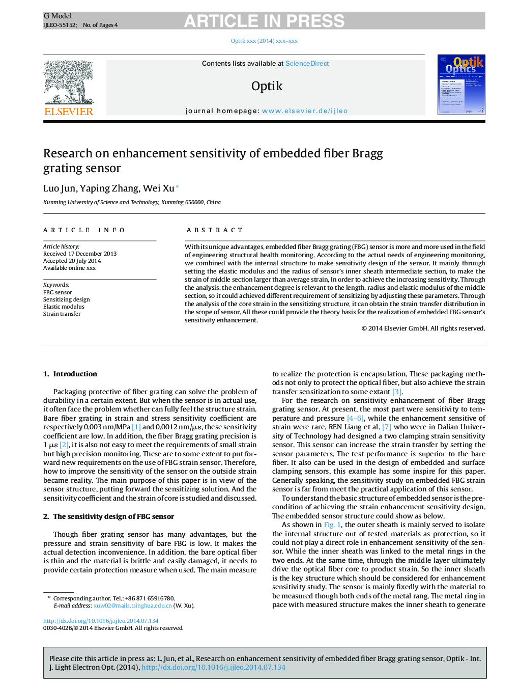 Research on enhancement sensitivity of embedded fiber Bragg grating sensor