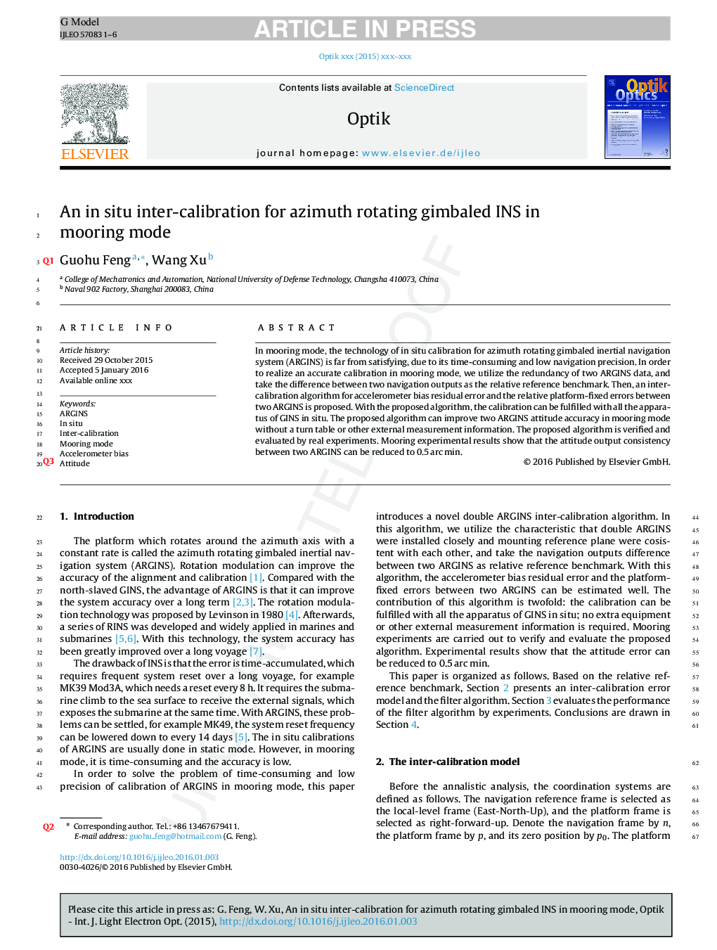 An in situ inter-calibration for azimuth rotating gimbaled INS in mooring mode