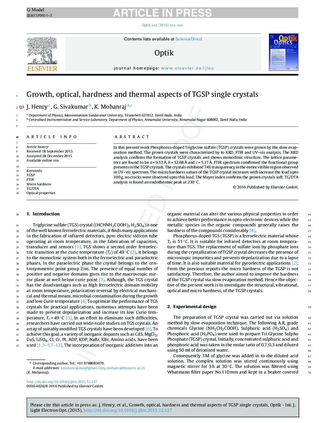 Growth, optical, hardness and thermal aspects of TGSP single crystals