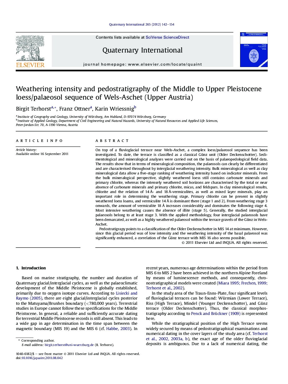 عکس صفحه اول مقاله: Weathering intensity and pedostratigraphy of the Middle to Upper Pleistocene loess/palaeosol sequence of Wels-Aschet (Upper Austria) Weathering intensity and pedostratigraphy of the Middle to Upper Pleistocene loess/palaeosol sequence of Wels-Aschet (Upper Austria)