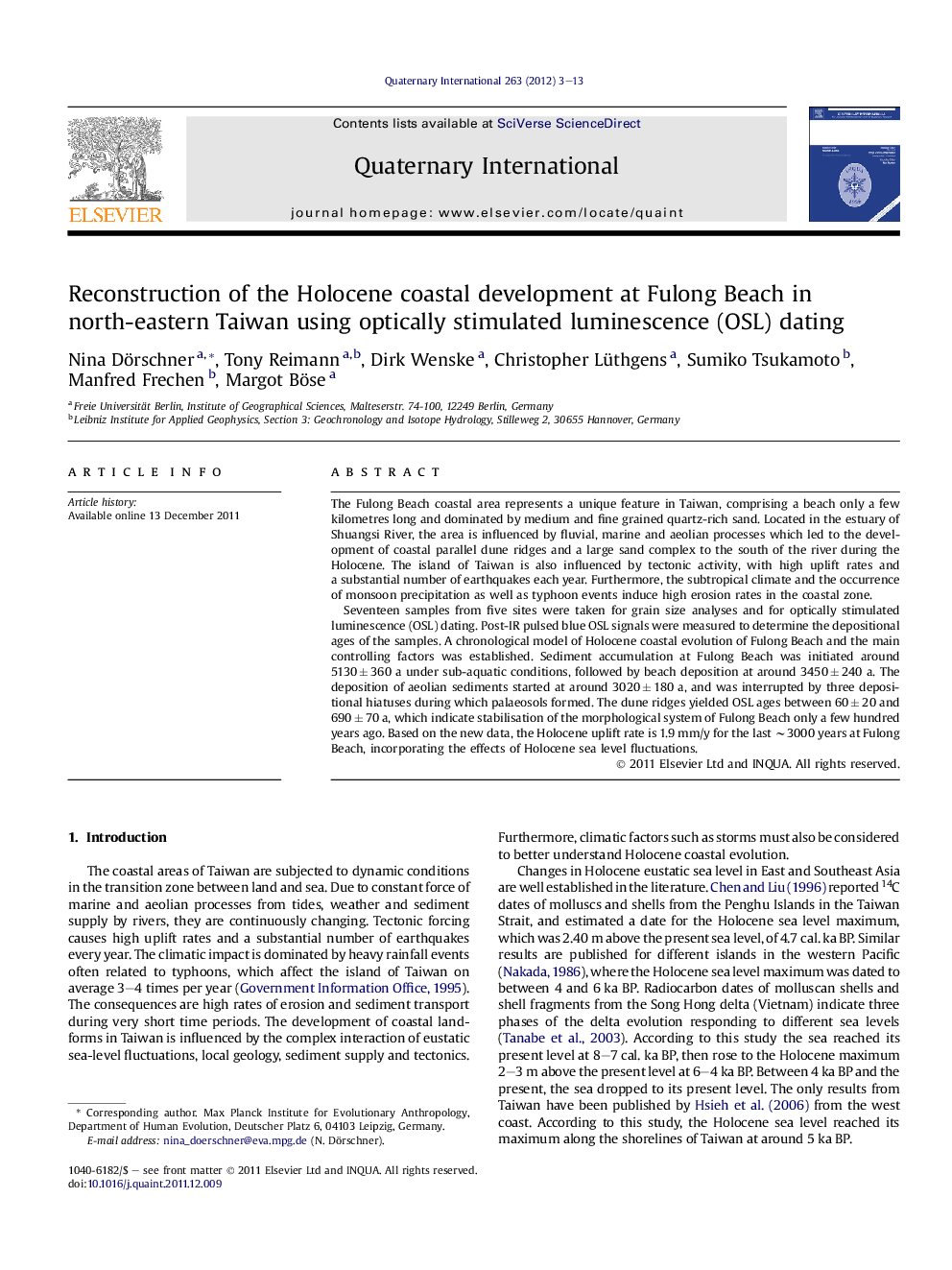 عکس صفحه اول مقاله: Reconstruction of the Holocene coastal development at Fulong Beach in north-eastern Taiwan using optically stimulated luminescence (OSL) dating Reconstruction of the Holocene coastal development at Fulong Beach in north-eastern Taiwan using optically stimulated luminescence (OSL) dating