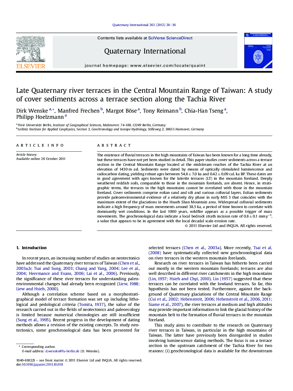 عکس صفحه اول مقاله: Late Quaternary river terraces in the Central Mountain Range of Taiwan: A study of cover sediments across a terrace section along the Tachia River Late Quaternary river terraces in the Central Mountain Range of Taiwan: A study of cover sediments across a terrace section along the Tachia River