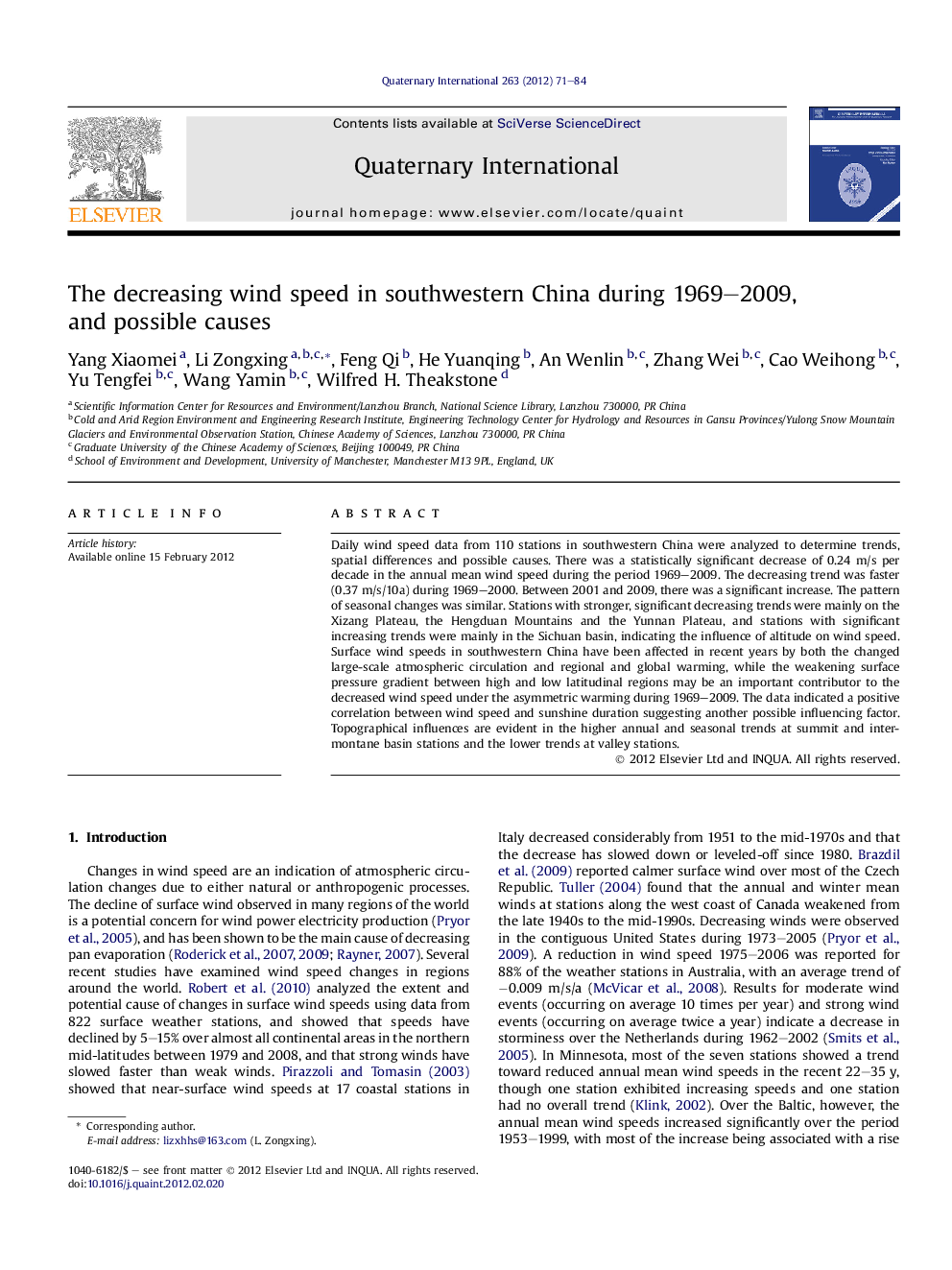 The decreasing wind speed in southwestern China during 1969–2009, and possible causes