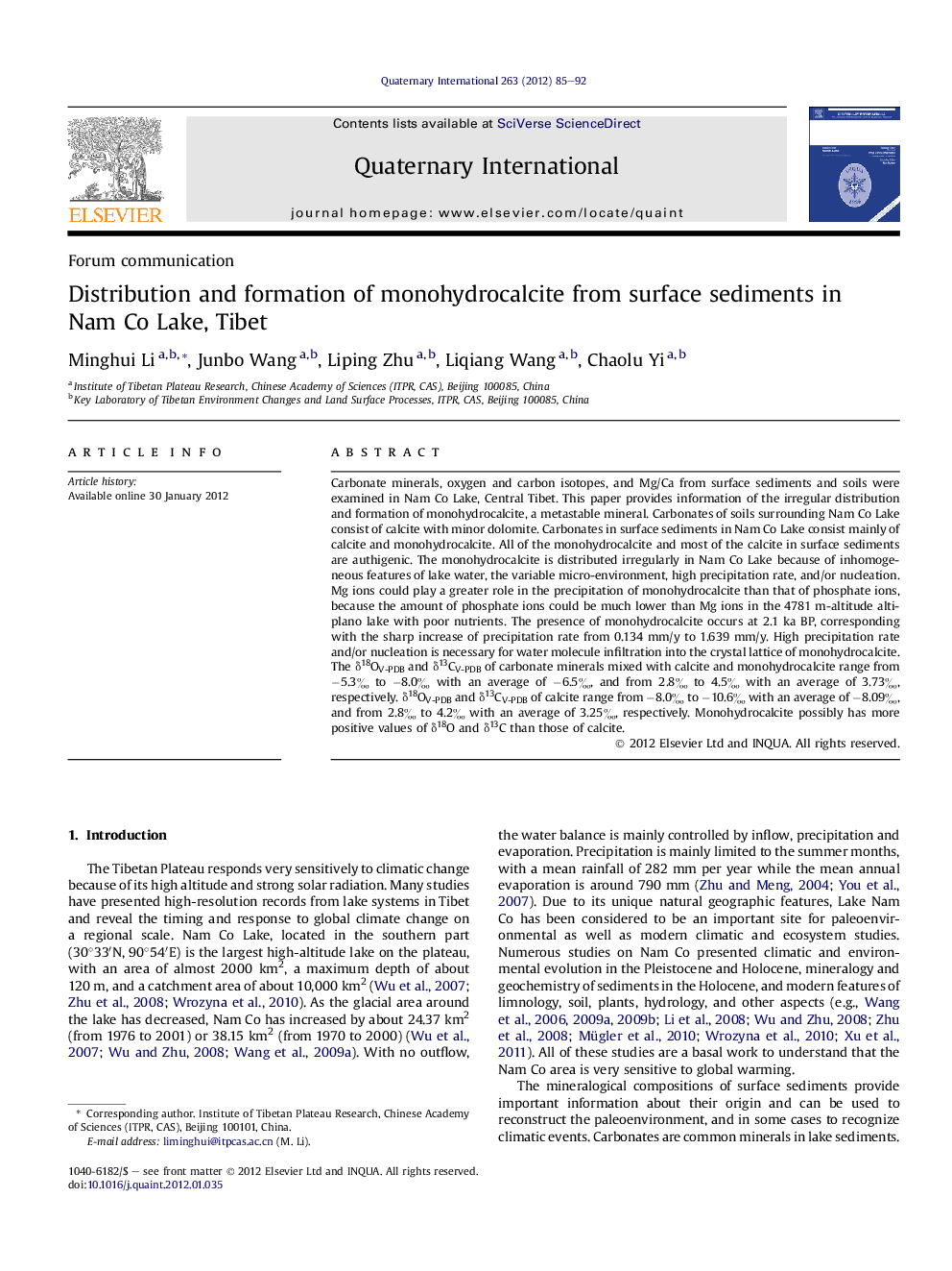 Distribution and formation of monohydrocalcite from surface sediments in NamÂ Co Lake, Tibet