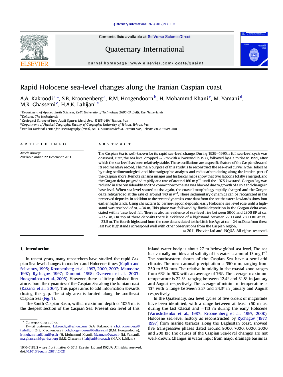 عکس صفحه اول مقاله: Rapid Holocene sea-level changes along the Iranian Caspian coast Rapid Holocene sea-level changes along the Iranian Caspian coast