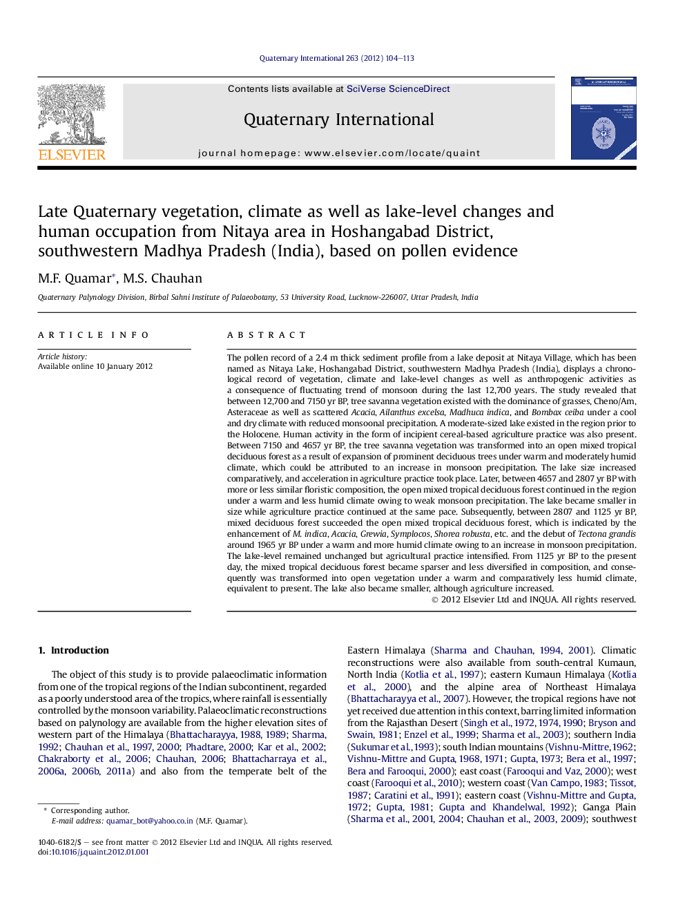 عکس صفحه اول مقاله: Late Quaternary vegetation, climate as well as lake-level changes and human occupation from Nitaya area in Hoshangabad District, southwestern Madhya Pradesh (India), based on pollen evidence Late Quaternary vegetation, climate as well as lake-level changes and human occupation from Nitaya area in Hoshangabad District, southwestern Madhya Pradesh (India), based on pollen evidence