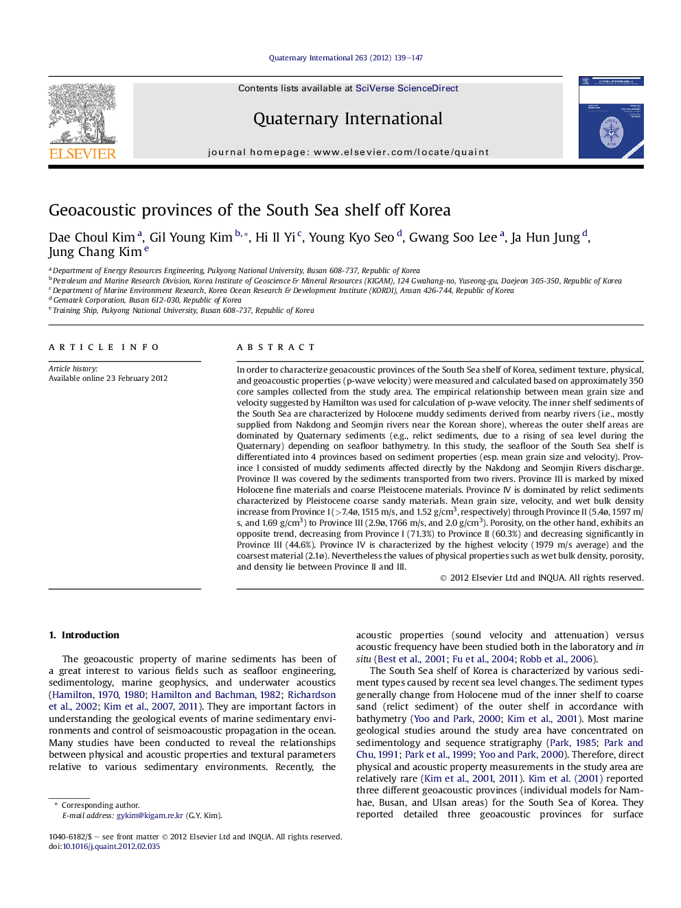 Geoacoustic provinces of the South Sea shelf off Korea