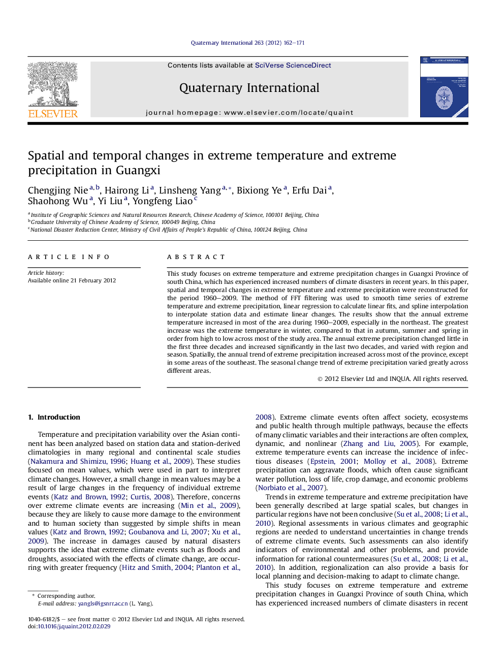 عکس صفحه اول مقاله: Spatial and temporal changes in extreme temperature and extreme precipitation in Guangxi Spatial and temporal changes in extreme temperature and extreme precipitation in Guangxi