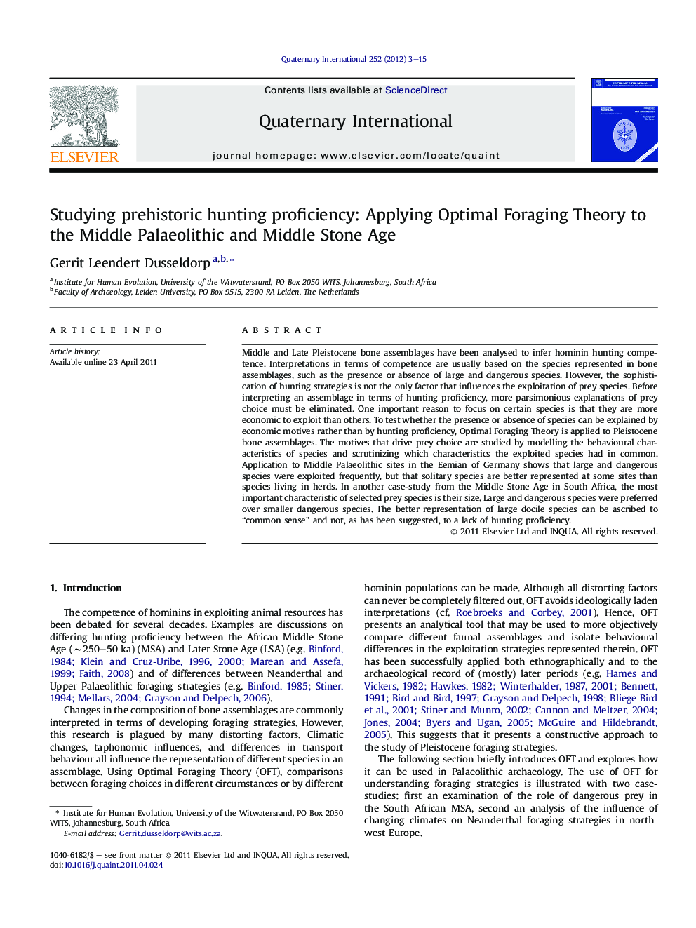 عکس صفحه اول مقاله: Studying prehistoric hunting proficiency: Applying Optimal Foraging Theory to the Middle Palaeolithic and Middle Stone Age Studying prehistoric hunting proficiency: Applying Optimal Foraging Theory to the Middle Palaeolithic and Middle Stone Age