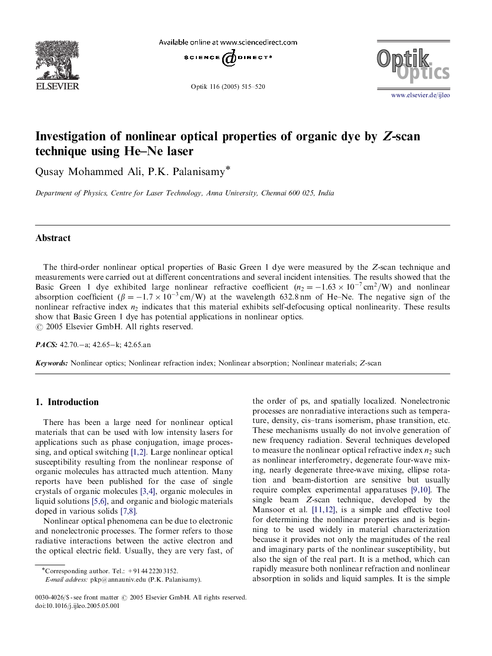 Investigation of nonlinear optical properties of organic dye by Z-scan technique using He-Ne laser