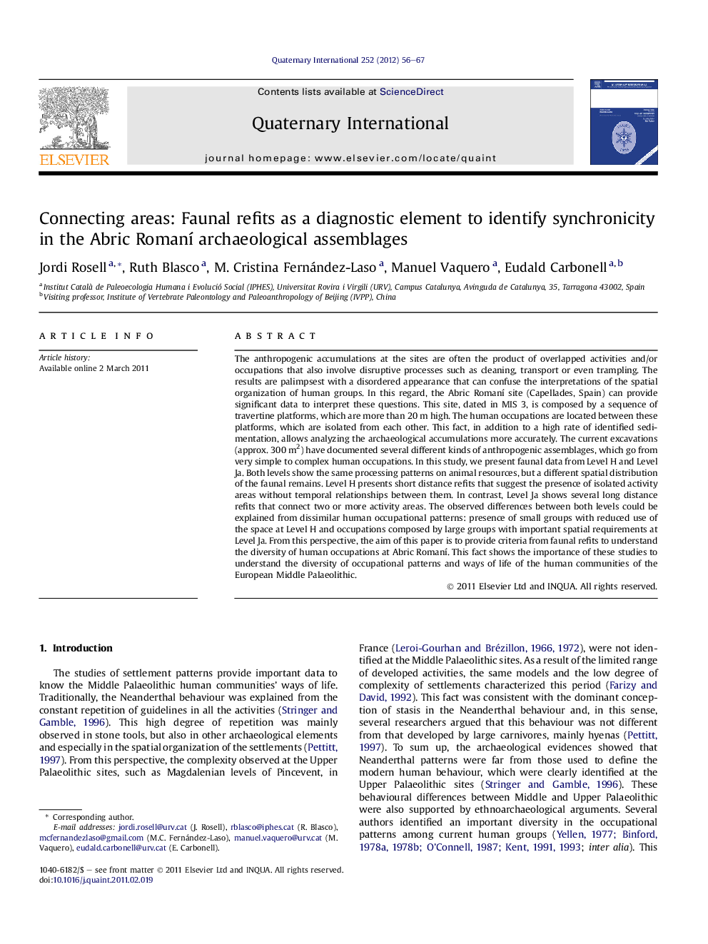 Connecting areas: Faunal refits as a diagnostic element to identify synchronicity in the Abric Romaní archaeological assemblages