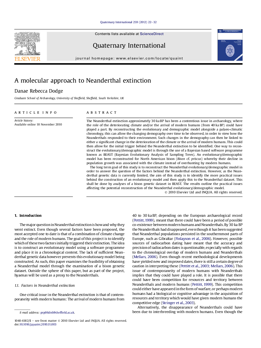 عکس صفحه اول مقاله: A molecular approach to Neanderthal extinction A molecular approach to Neanderthal extinction