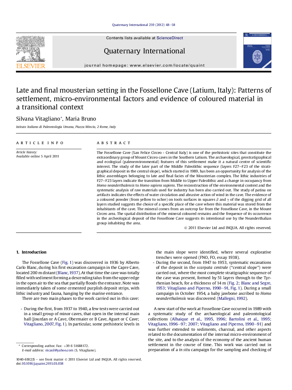 عکس صفحه اول مقاله: Late and final mousterian setting in the Fossellone Cave (Latium, Italy): Patterns of settlement, micro-environmental factors and evidence of coloured material in a transitional context Late and final mousterian setting in the Fossellone Cave (Latium, Italy): Patterns of settlement, micro-environmental factors and evidence of coloured material in a transitional context