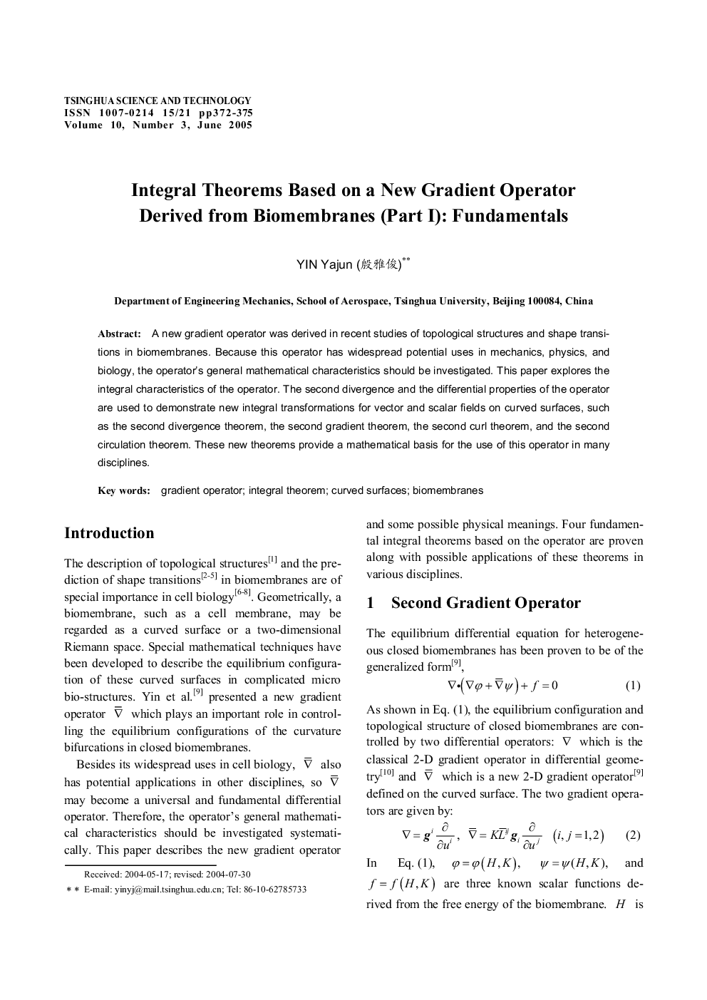 Integral Theorems Based on a New Gradient Operator Derived from Biomembranes (Part I): Fundamentals