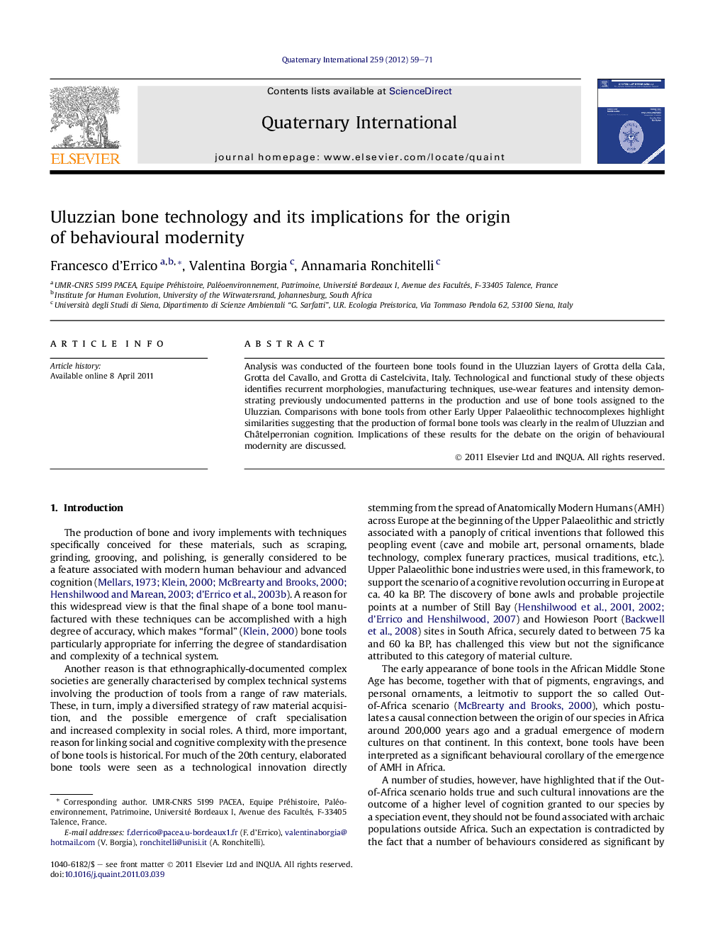 عکس صفحه اول مقاله: Uluzzian bone technology and its implications for the origin of behavioural modernity Uluzzian bone technology and its implications for the origin of behavioural modernity