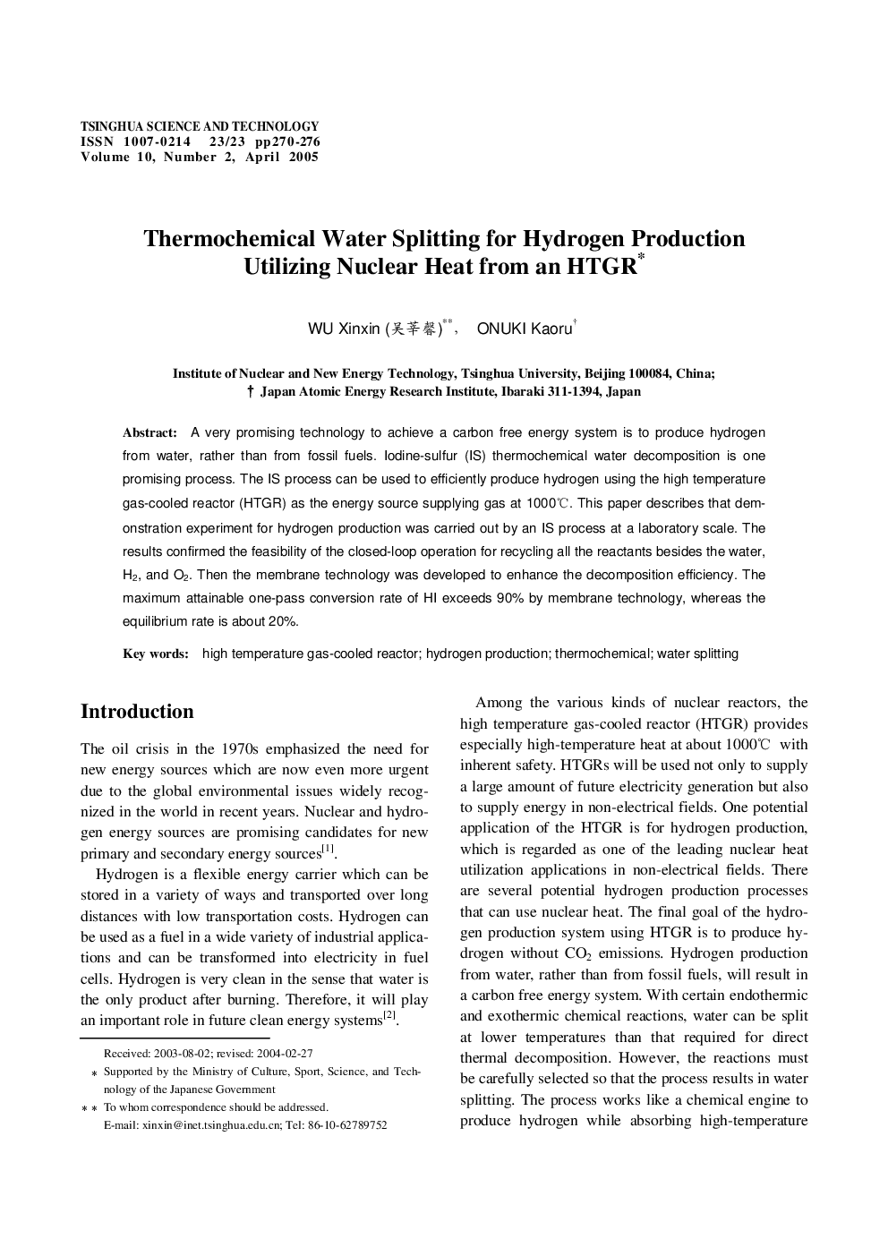 Thermochemical Water Splitting for Hydrogen Production Utilizing Nuclear Heat from an HTGR