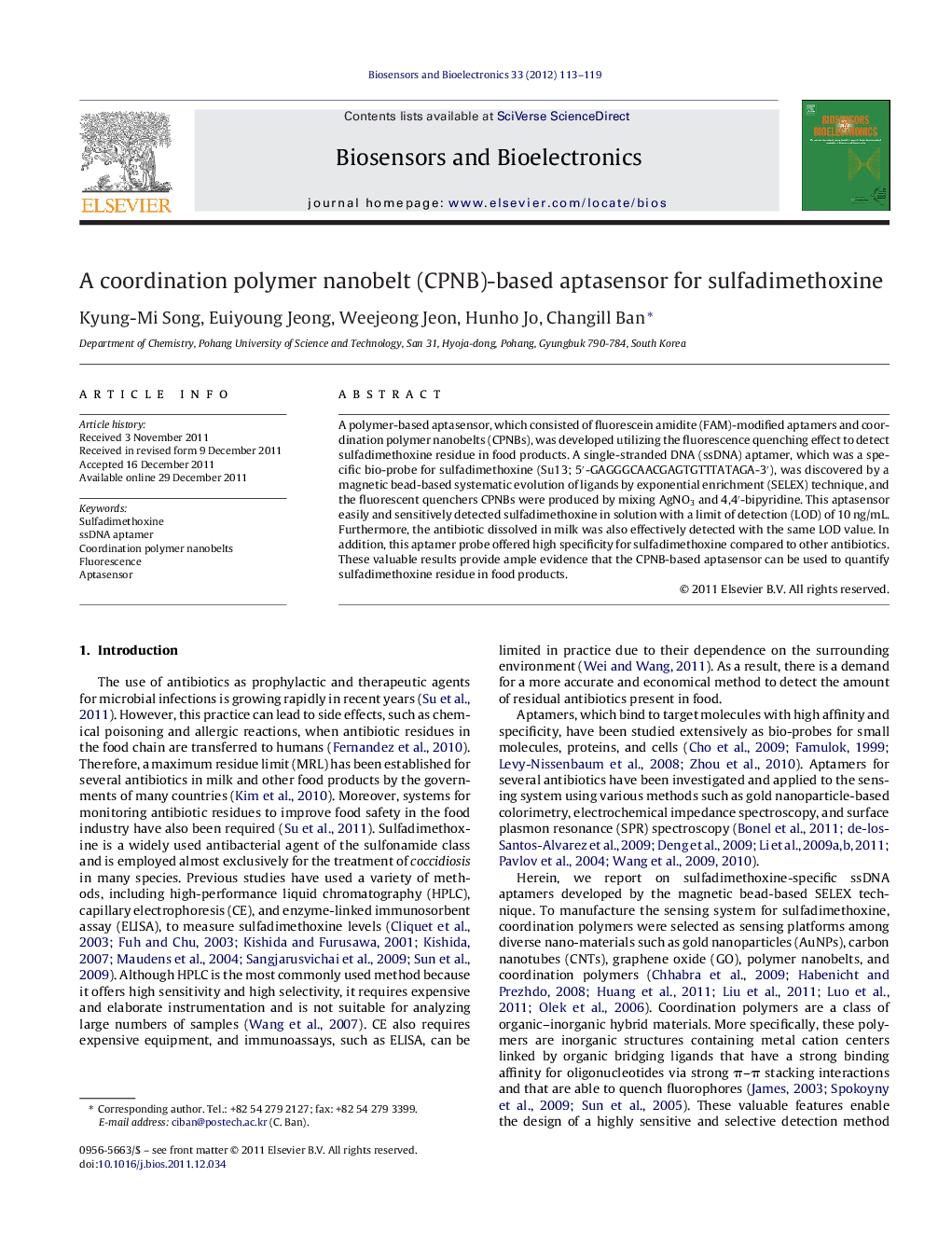 A coordination polymer nanobelt (CPNB)-based aptasensor for sulfadimethoxine