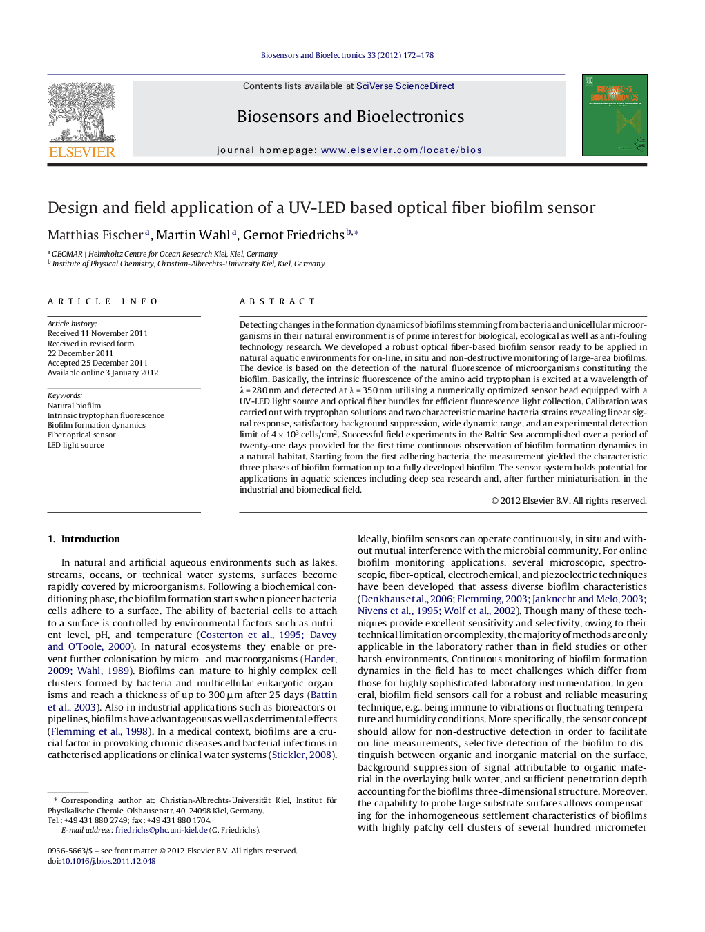 Design and field application of a UV-LED based optical fiber biofilm sensor