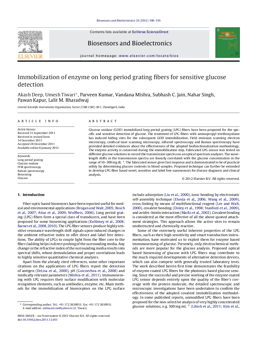 Immobilization of enzyme on long period grating fibers for sensitive glucose detection