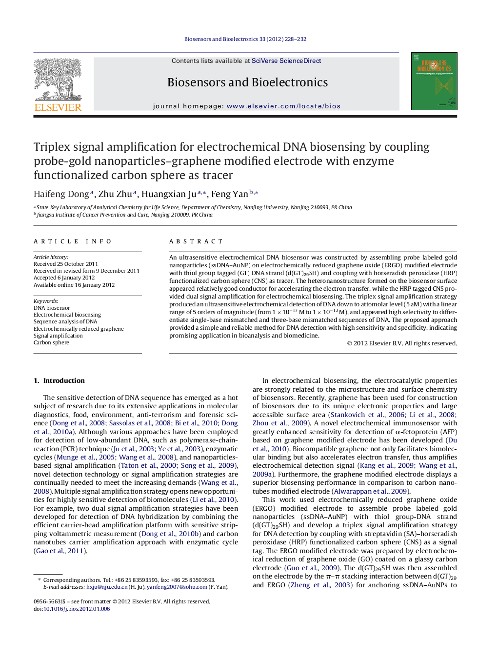 Triplex signal amplification for electrochemical DNA biosensing by coupling probe-gold nanoparticles-graphene modified electrode with enzyme functionalized carbon sphere as tracer