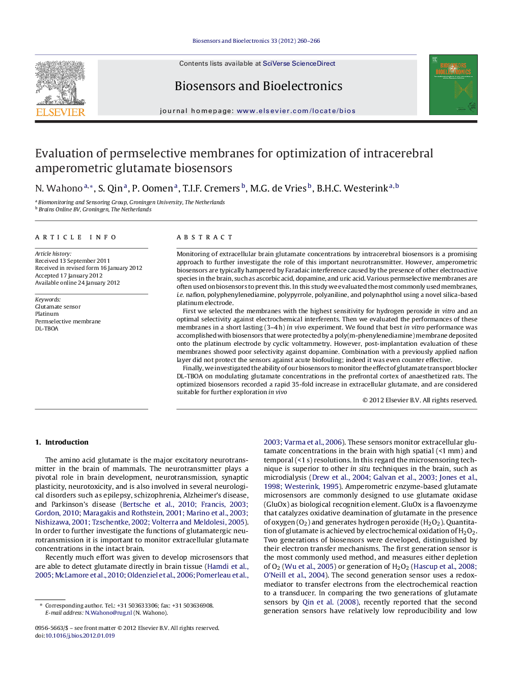 Evaluation of permselective membranes for optimization of intracerebral amperometric glutamate biosensors