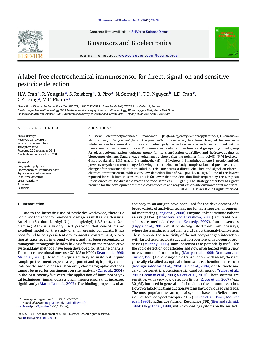 A label-free electrochemical immunosensor for direct, signal-on and sensitive pesticide detection