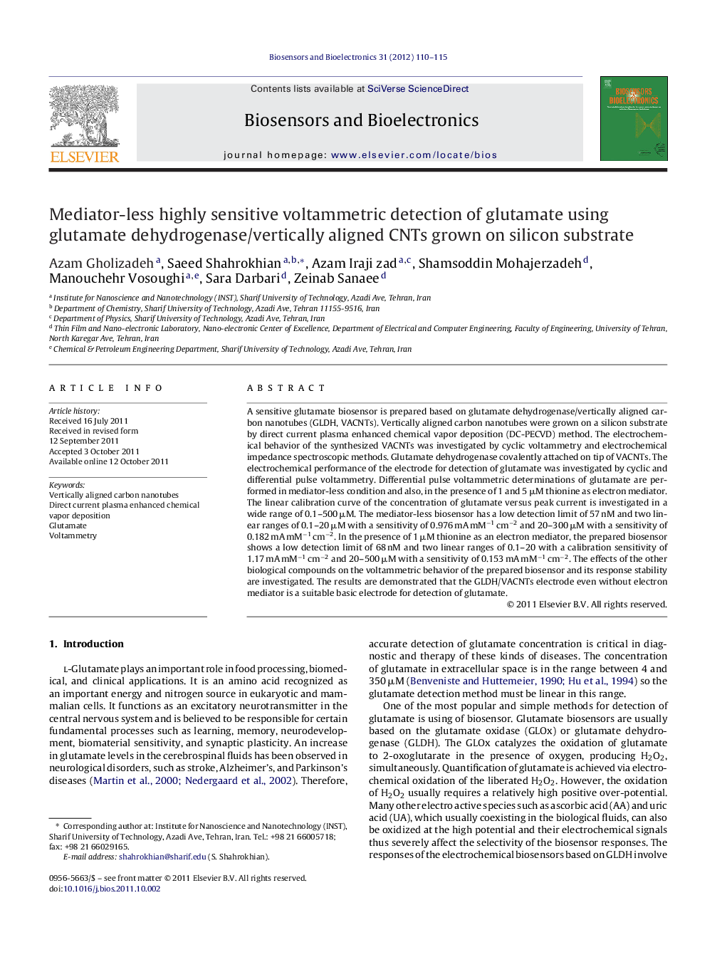 Mediator-less highly sensitive voltammetric detection of glutamate using glutamate dehydrogenase/vertically aligned CNTs grown on silicon substrate