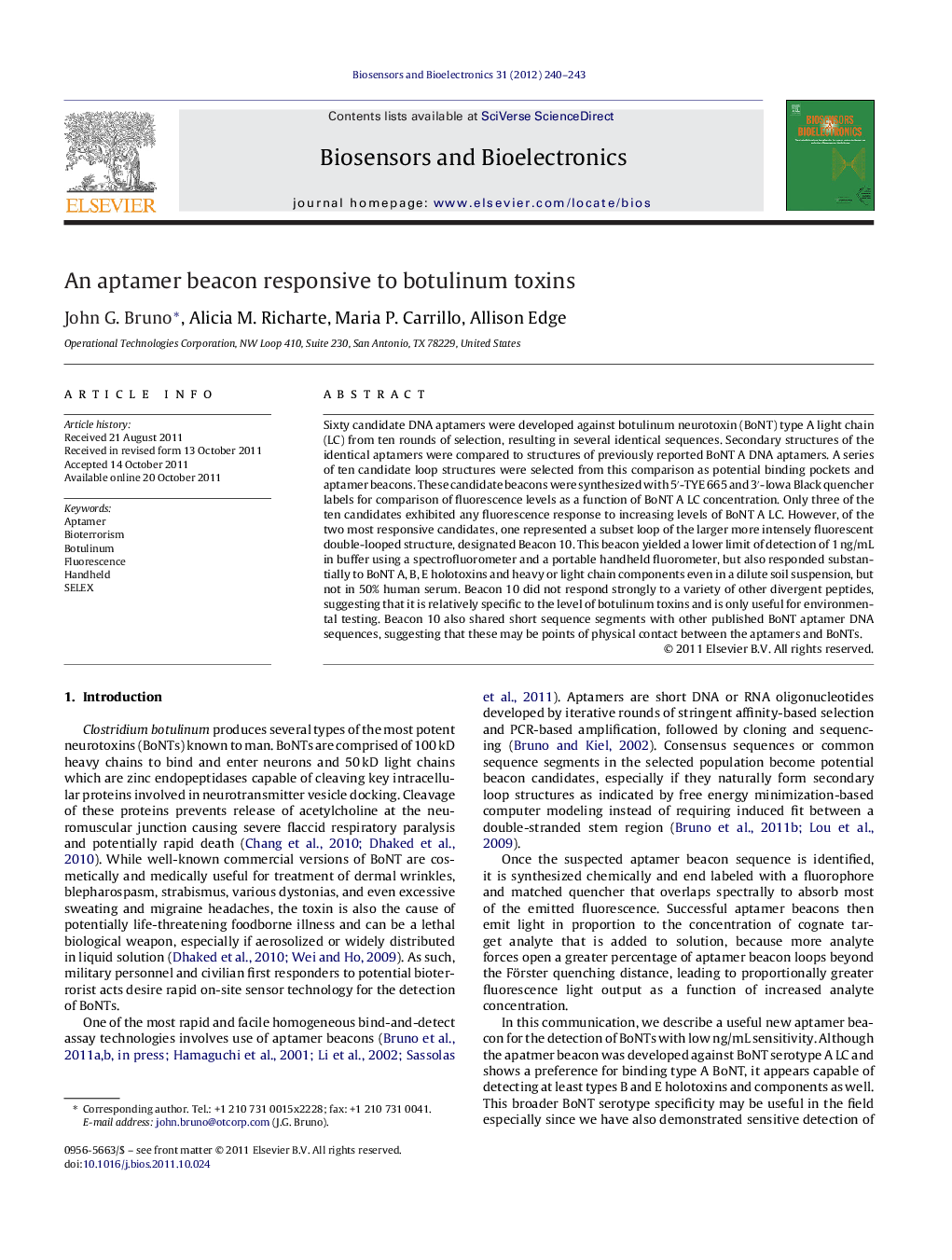 An aptamer beacon responsive to botulinum toxins