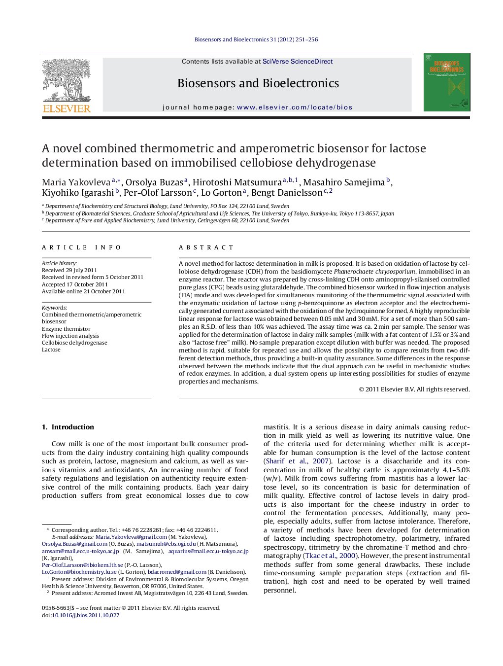 A novel combined thermometric and amperometric biosensor for lactose determination based on immobilised cellobiose dehydrogenase