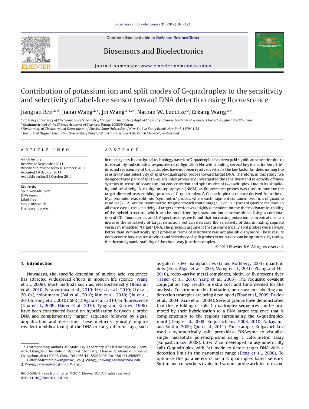 Contribution of potassium ion and split modes of G-quadruplex to the sensitivity and selectivity of label-free sensor toward DNA detection using fluorescence