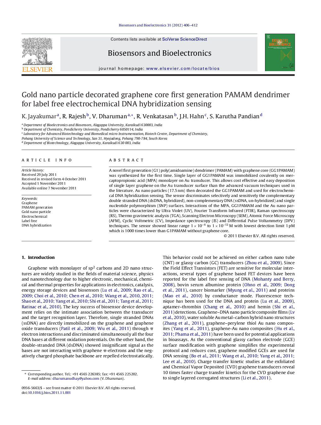 Gold nano particle decorated graphene core first generation PAMAM dendrimer for label free electrochemical DNA hybridization sensing