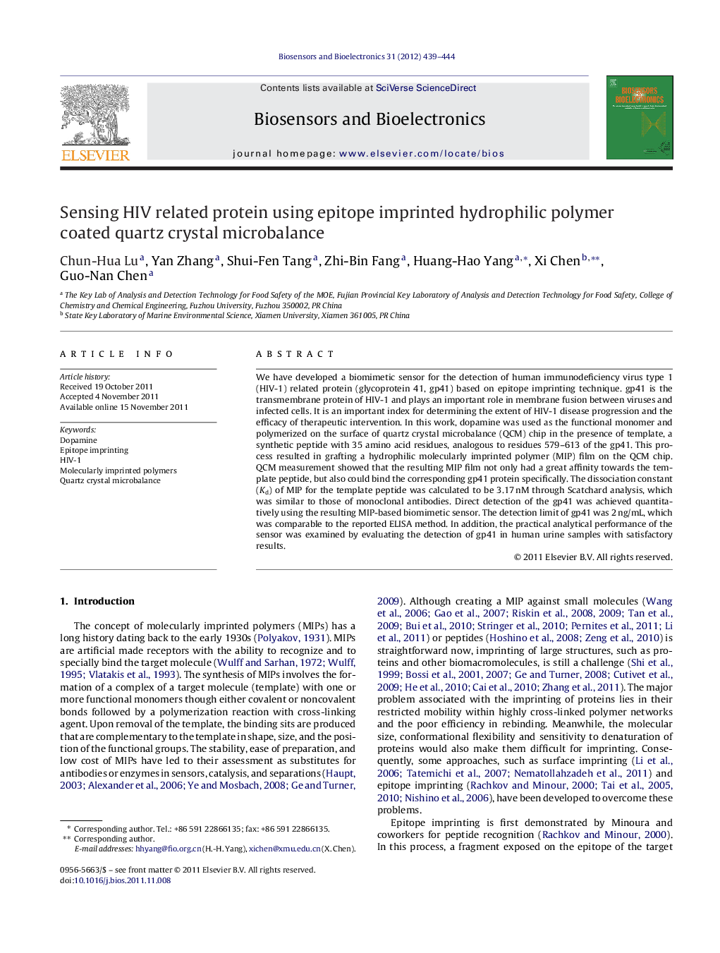 Sensing HIV related protein using epitope imprinted hydrophilic polymer coated quartz crystal microbalance