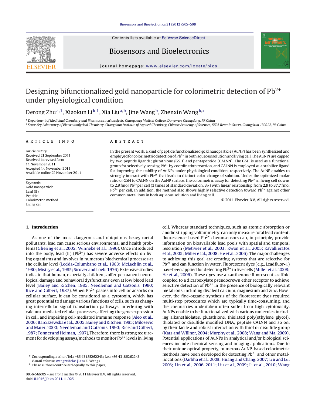 Designing bifunctionalized gold nanoparticle for colorimetric detection of Pb2+ under physiological condition