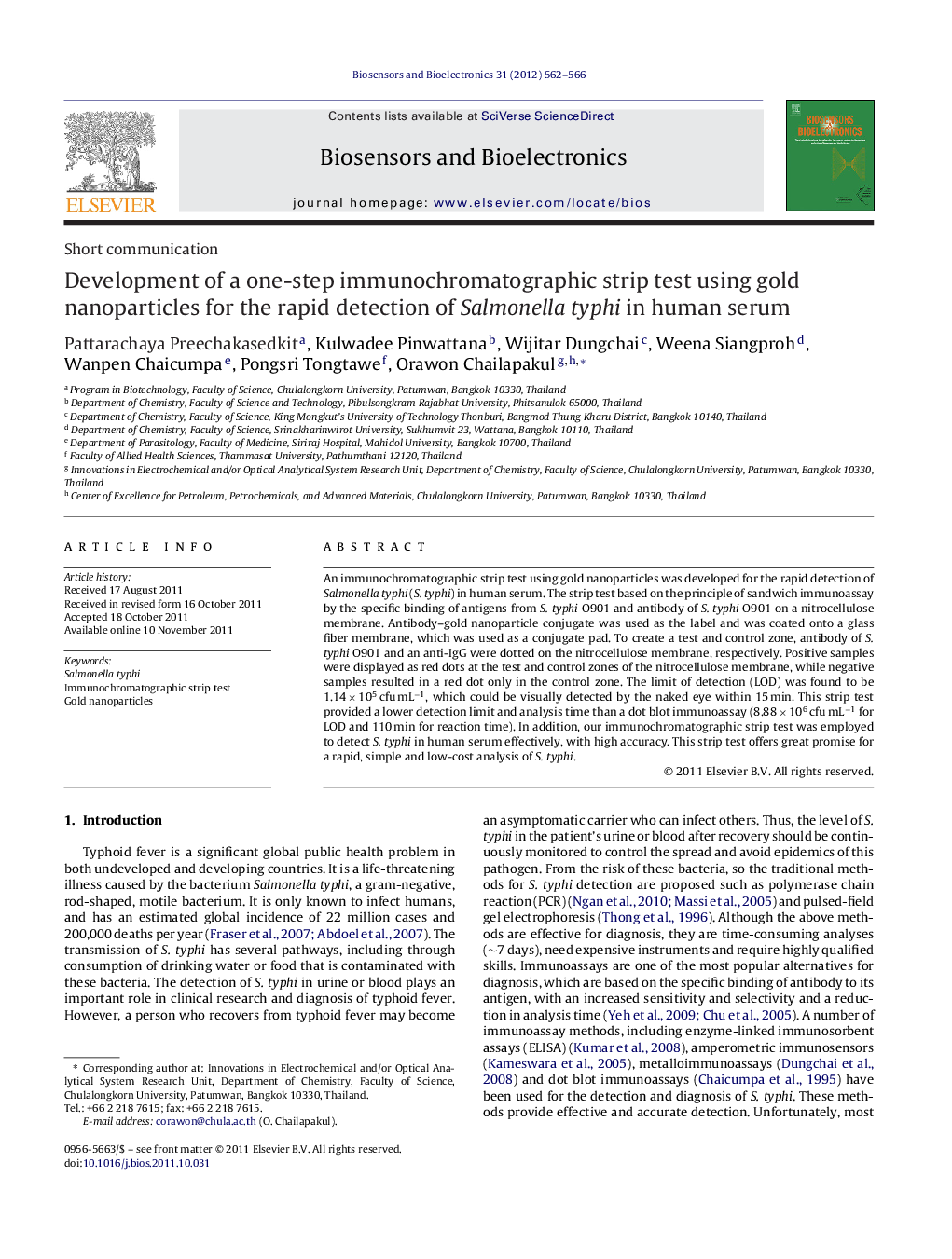 Development of a one-step immunochromatographic strip test using gold nanoparticles for the rapid detection of Salmonella typhi in human serum